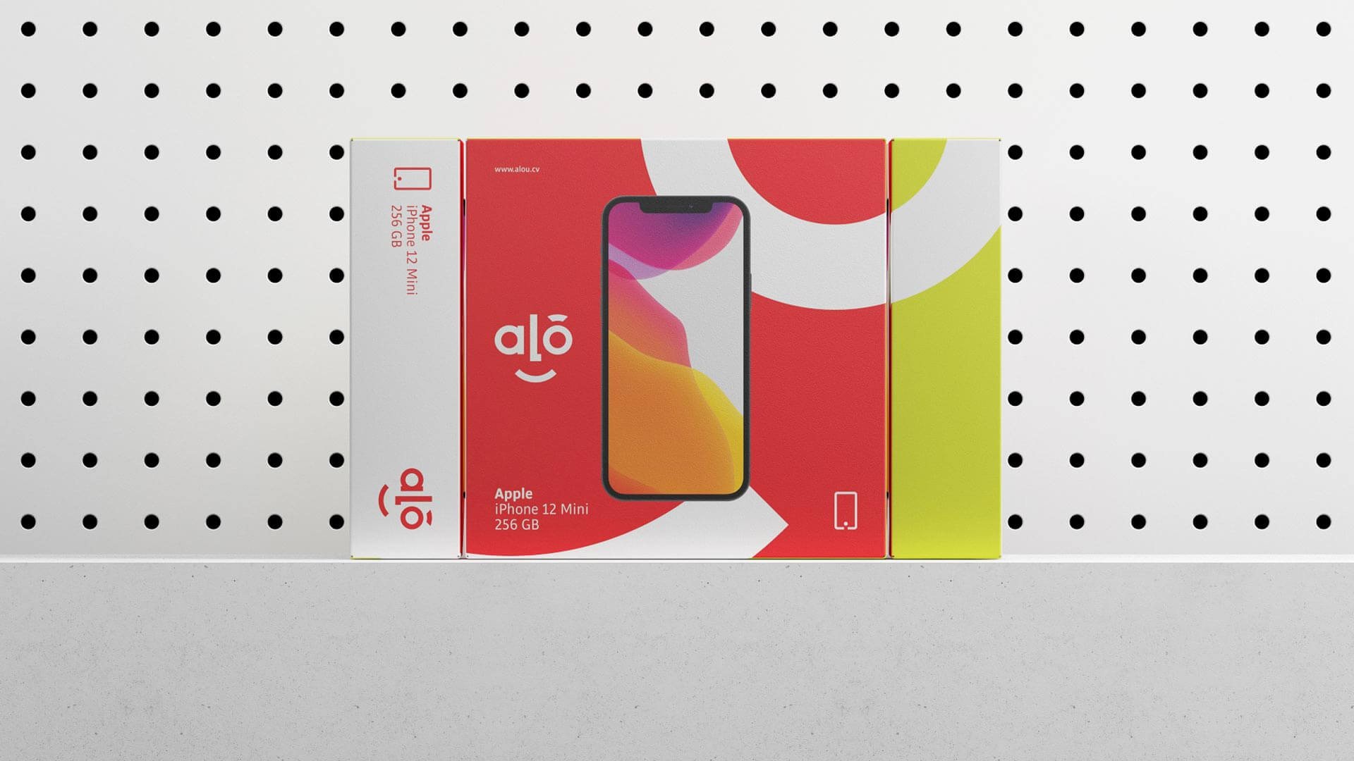 Alou phone packaging on a pegboard