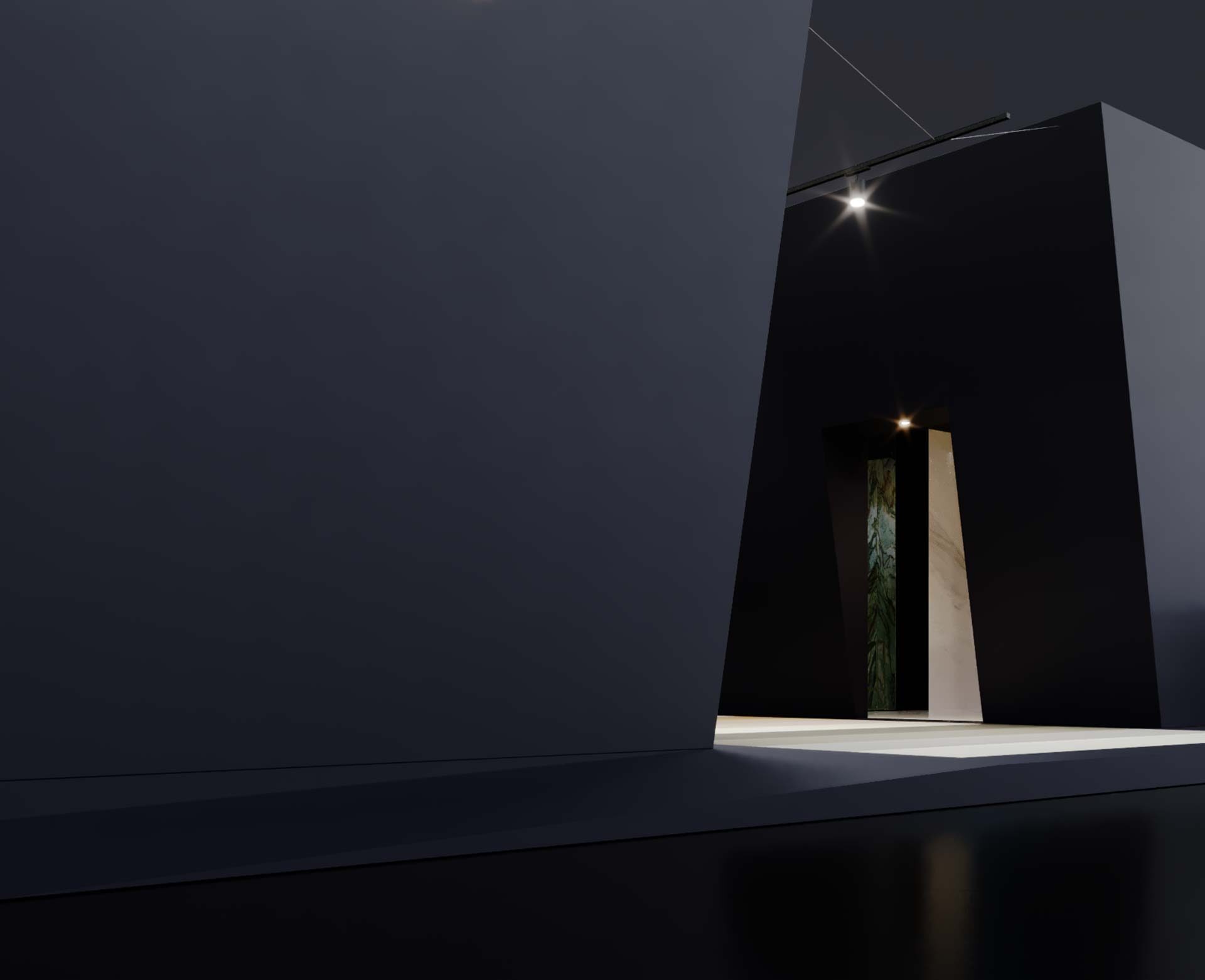 The dark angular entrance of the Utopia stand