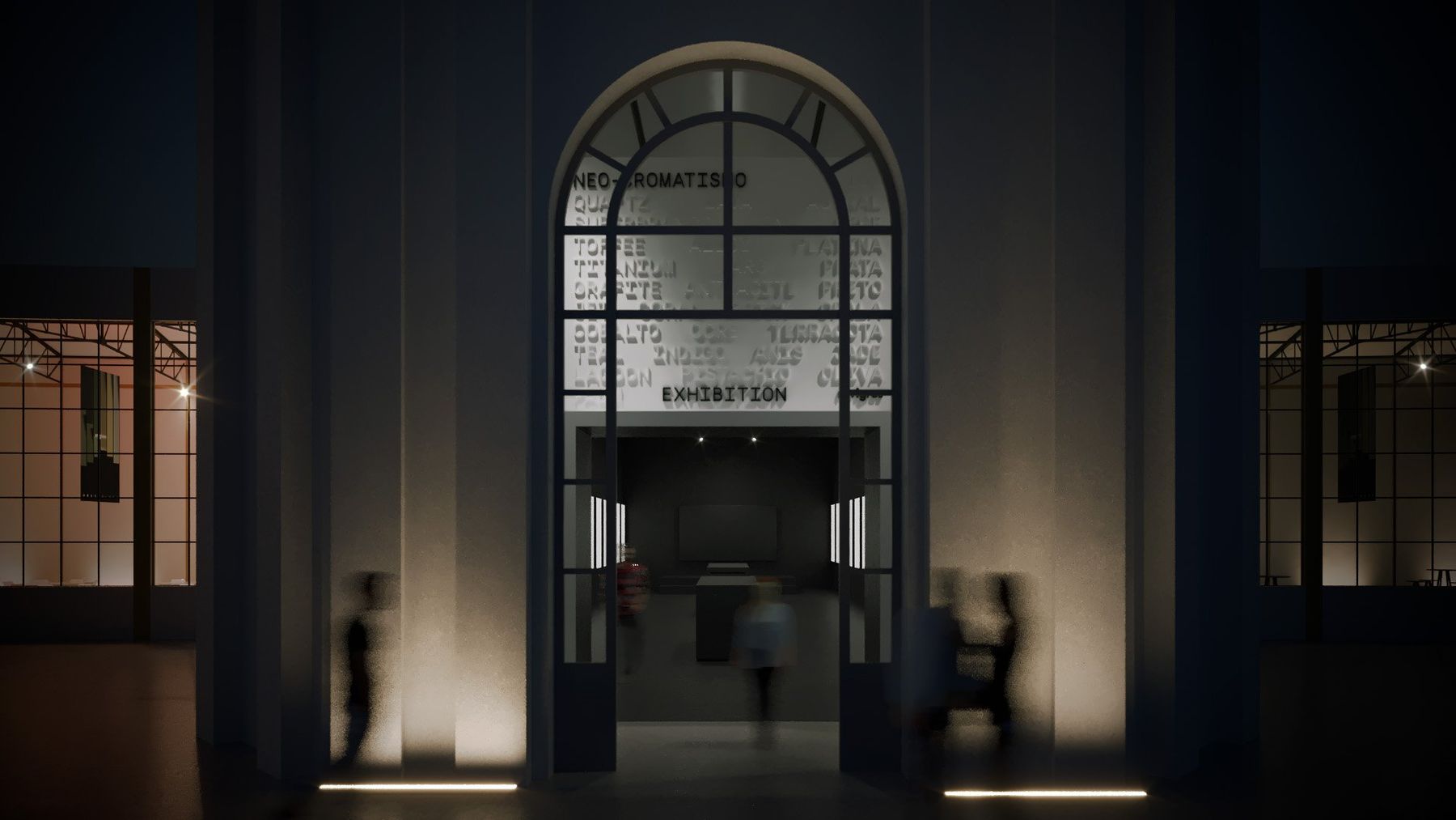 Arched entrance to the Neo-Cromatismo exhibition at night