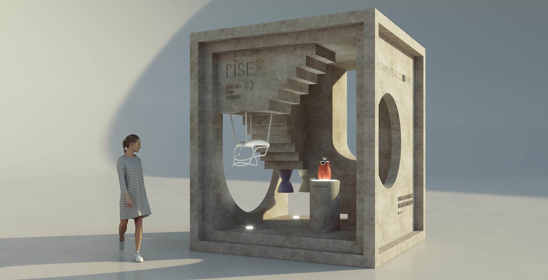Exhibition concept: a staircase sculpture around the machine