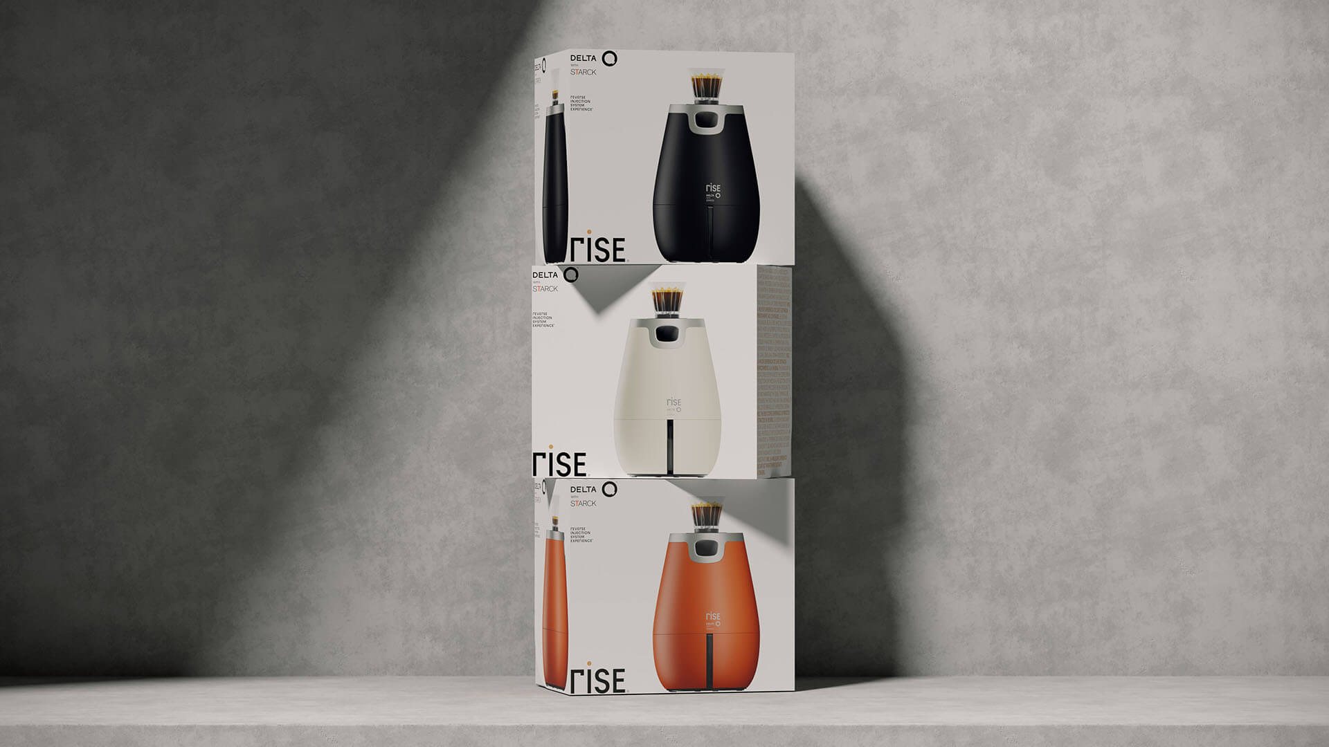 RISE capsule packaging stacked on a concrete shelf