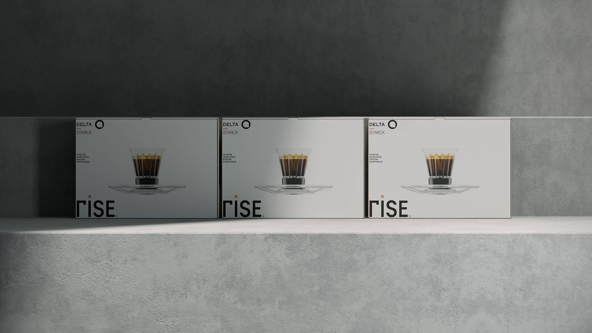 RISE packaging range on a grey shelf