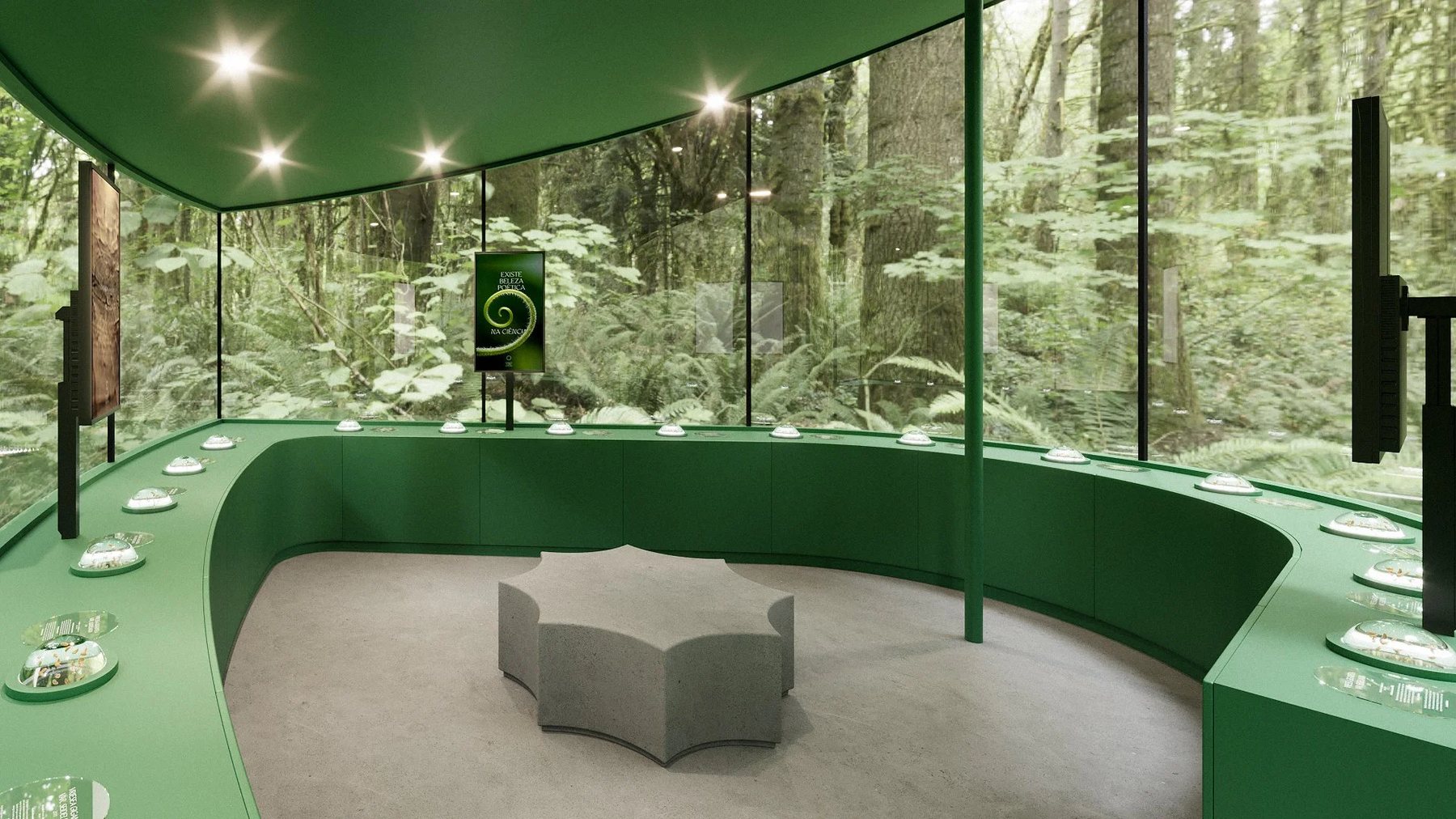 Green curved exhibition pavilion with glass walls looking onto the forest