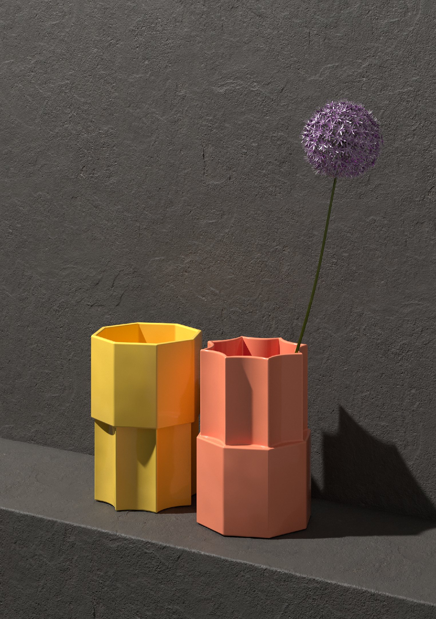Yellow and coral octagonal vases