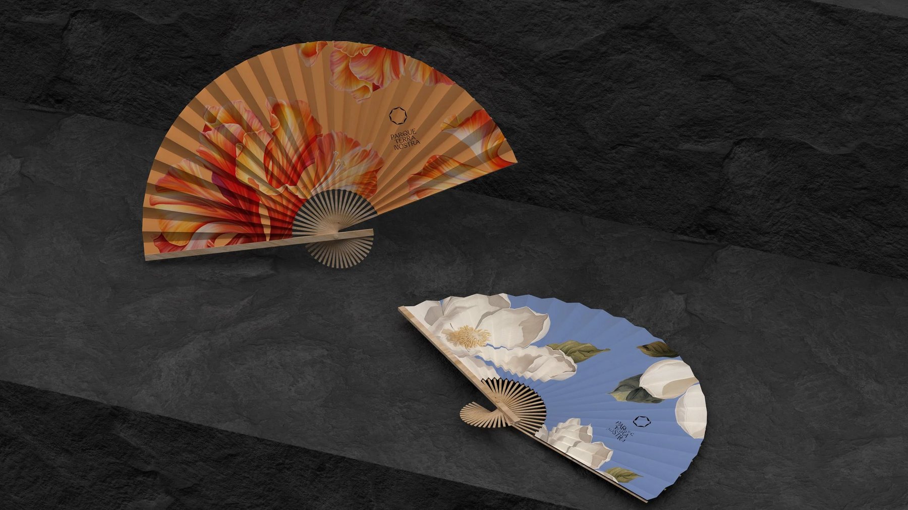 Two illustrated hand fans