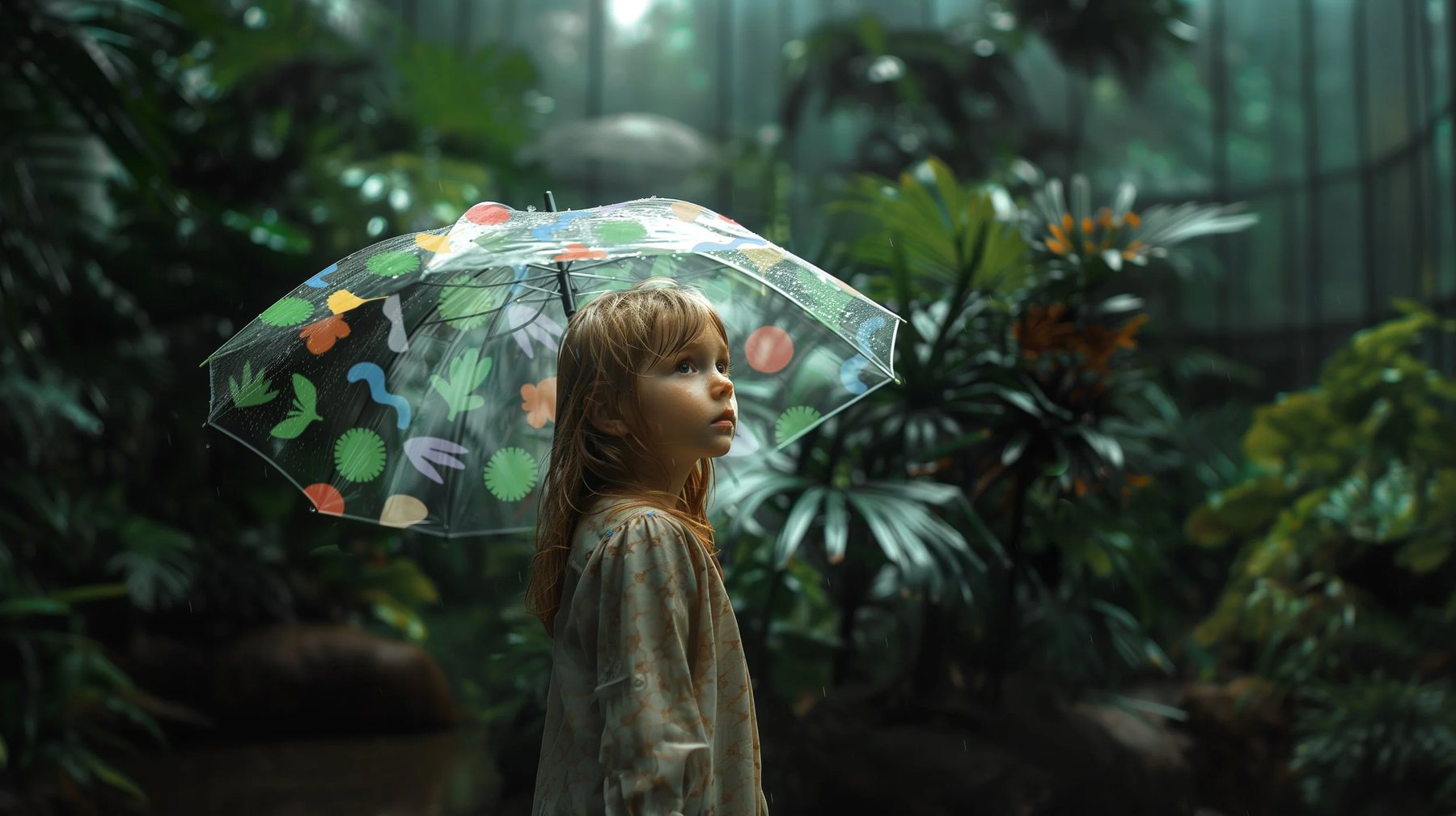 Child holding a clear illustrated umbrella in the park