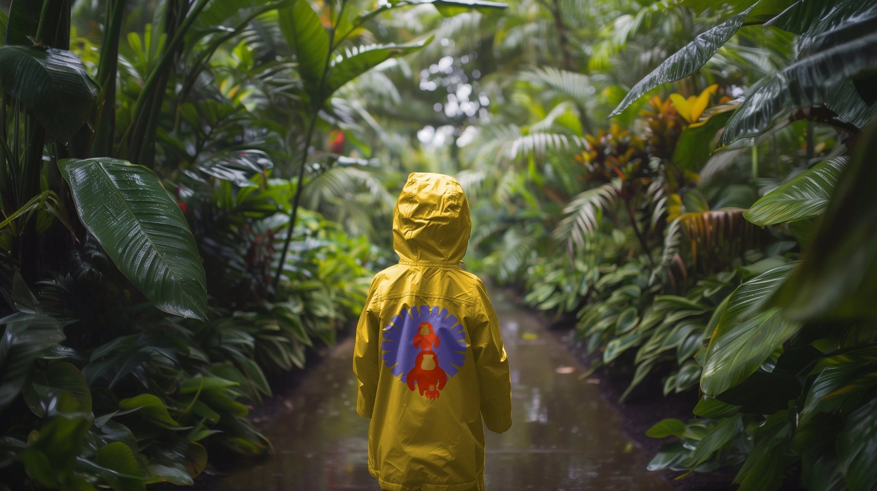 Child in a yellow raincoat on a jungle path