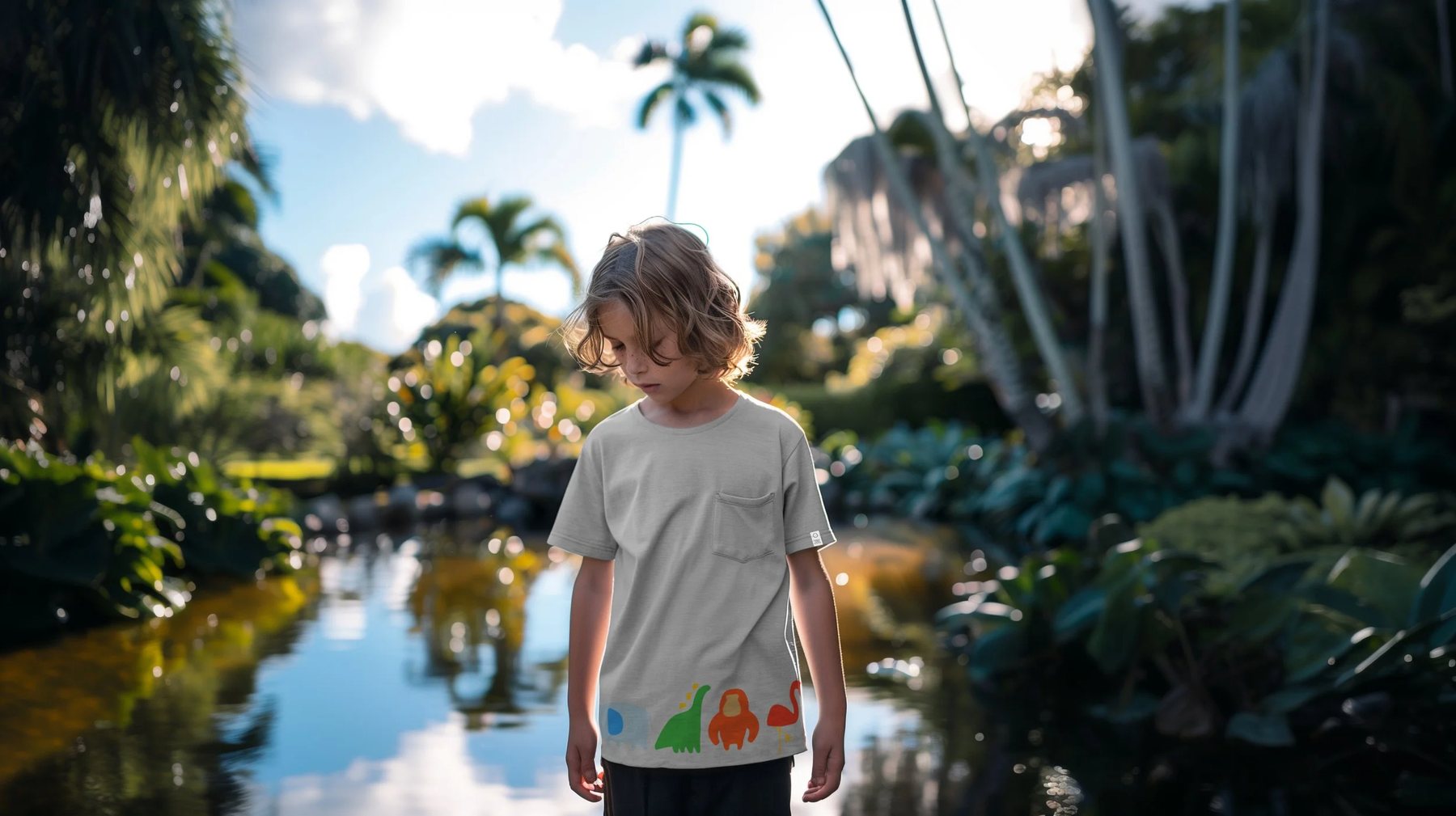 Child in an illustrated T-shirt by the lake