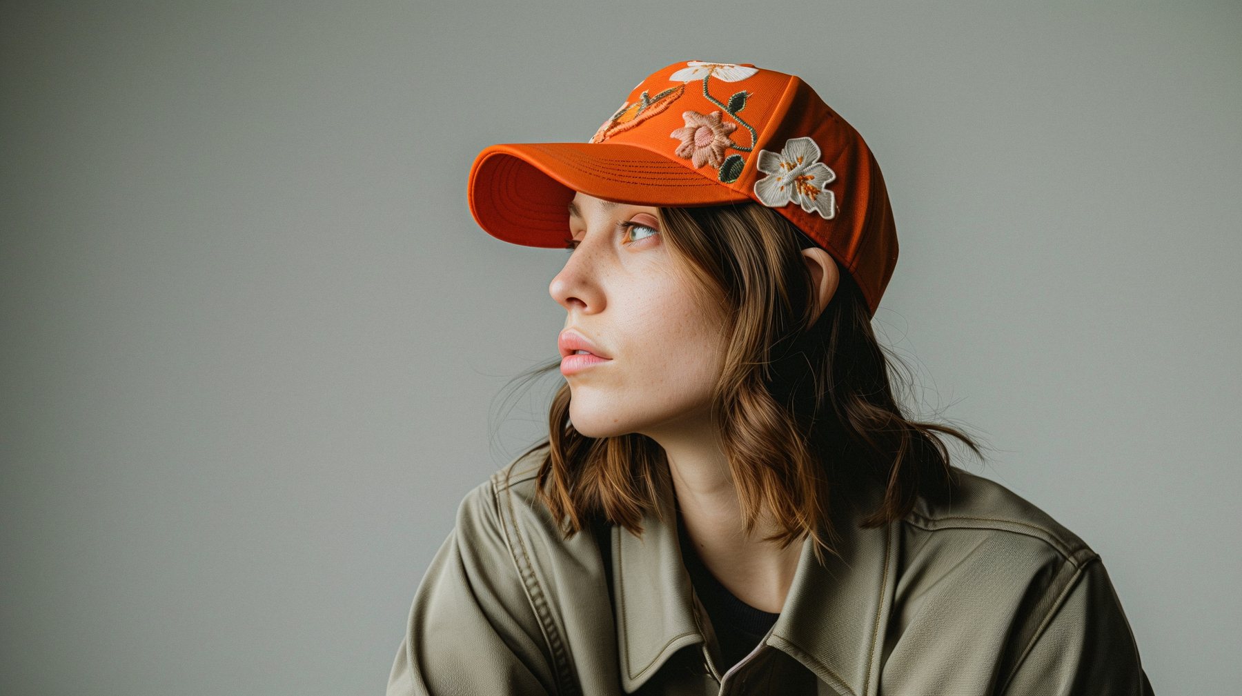 Orange embroidered floral cap
