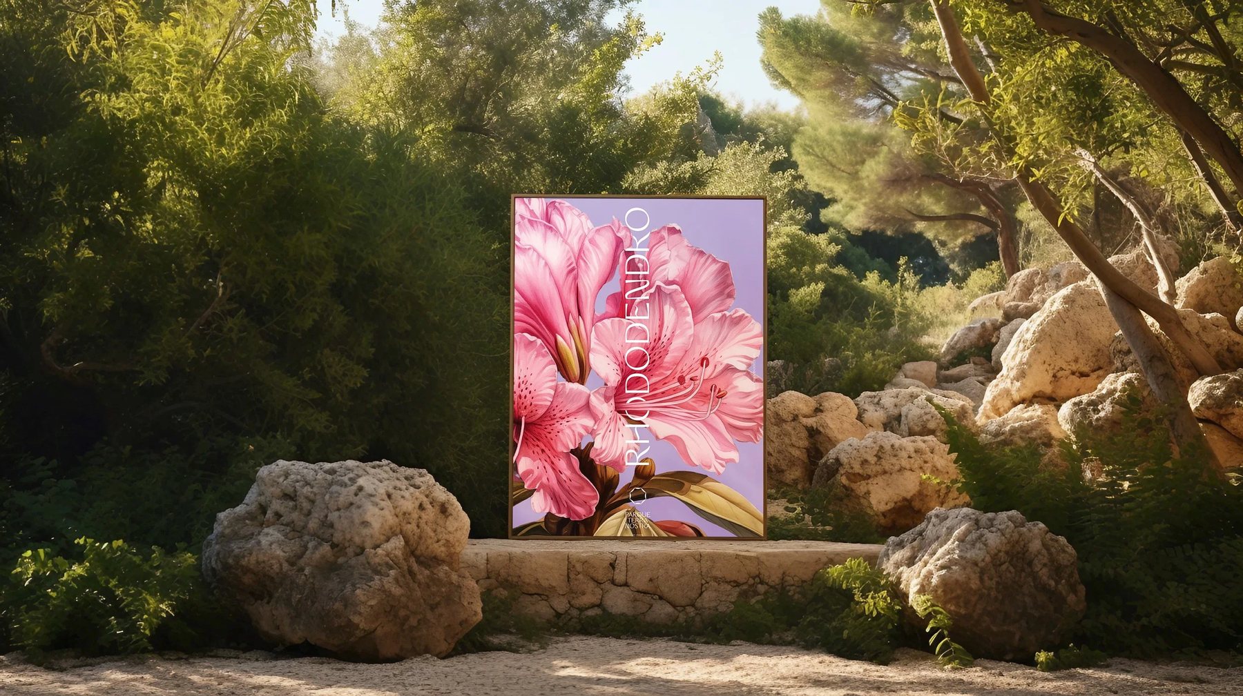 Illustrated Rhododendron poster on a stone bench in the gardens