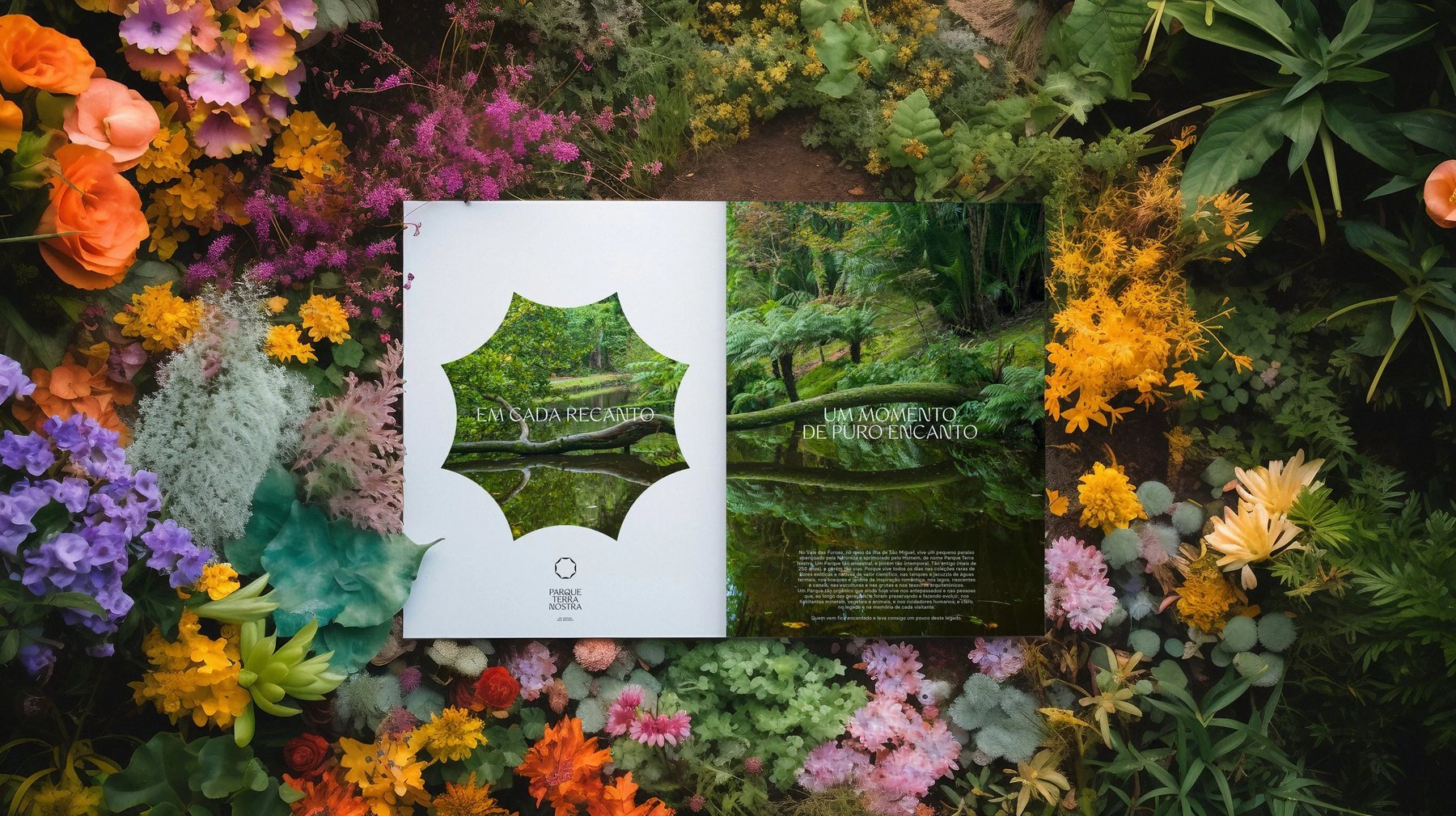 Press advert “Em cada recanto, um momento de puro encanto” framed by flowers